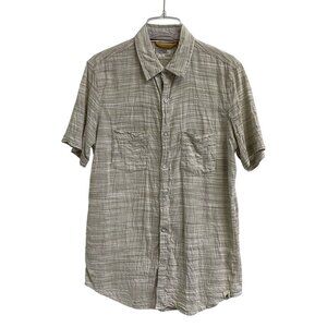 Free Planet Men's Beige Cotton Shirt Button-Down Striped Short Sleeve Large